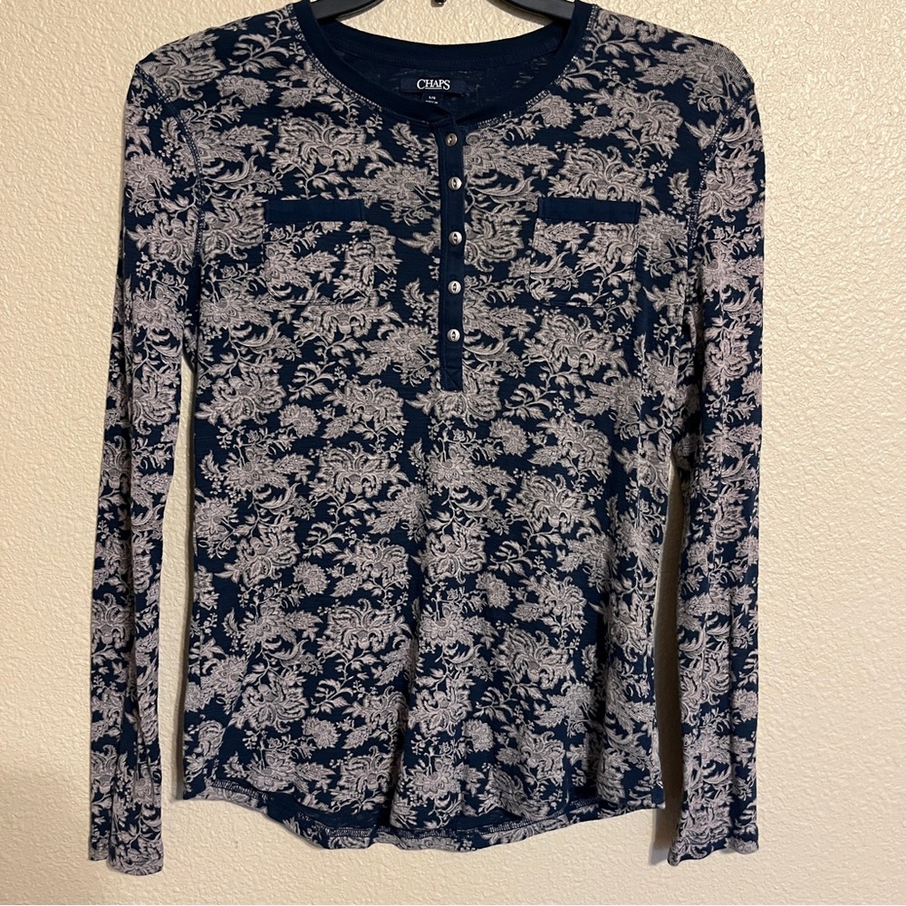 Chaps Women’s L Navy Blue w/ Beige Floral Henley Long Sleeve Top